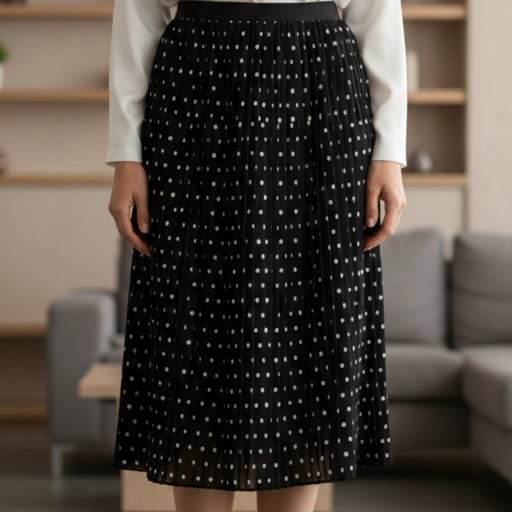 A New Day Women's Midi Skirt XXL Black & White Polka Dot Pleated Pull On Stretch